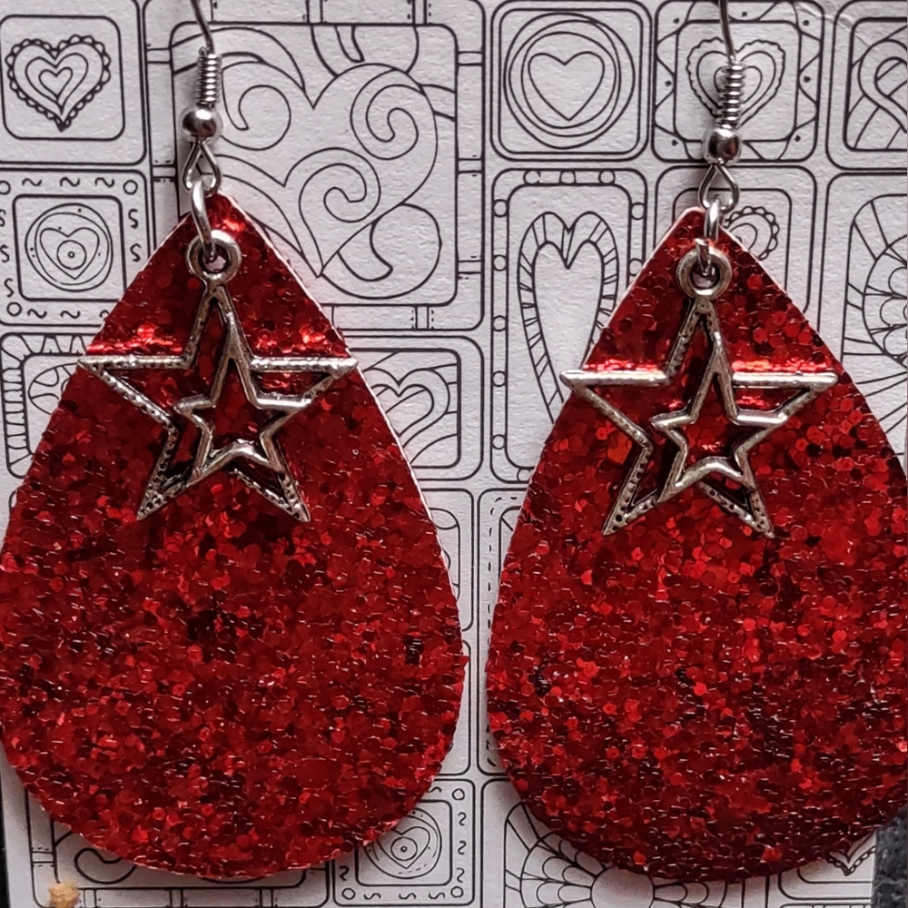 Red Glitter & Stars Leatherette Earrings